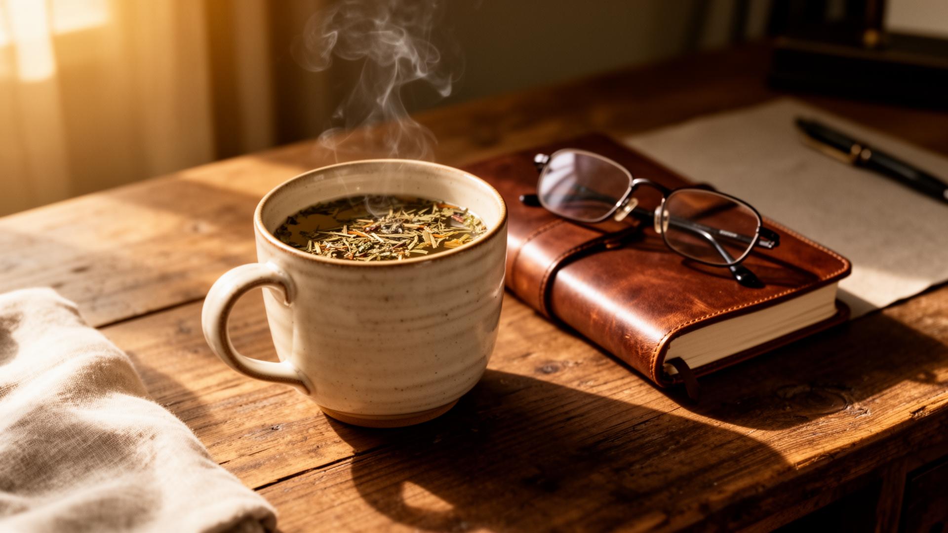 Editorial founder workspace with steaming herbal tea and leather journal